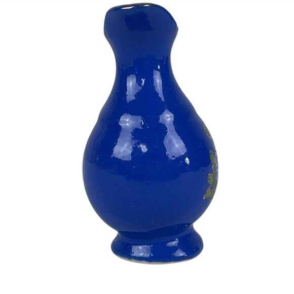 Vintage Blue Ceramic Pitcher With Hand-Painted Floral Design Japan 2.5" Tall - Picture 2 of 8